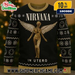 Nirvana In Utero Ugly Christmas Sweater Black Tan Knitted Pullover With Angel Wings Smiley Face Snowflake Pattern Grunge Band Holiday Jumper Unisex Gift