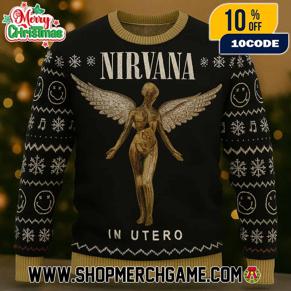 Nirvana In Utero Ugly Christmas Sweater Black Tan Knitted Pullover With Angel Wings Smiley Face Snowflake Pattern Grunge Band Holiday Jumper Unisex Gift Nirvana In Utero Ugly Christmas Sweater Black Tan Knitted Pullover With Angel Wings Smiley Face Snowflake Pattern Grunge Band Holiday Jumper Unisex Gift