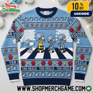 North Carolina Tar Heels Abbey Road Peanuts Ugly Sweater Charlie Brown Snoopy College Football NCAA Knit