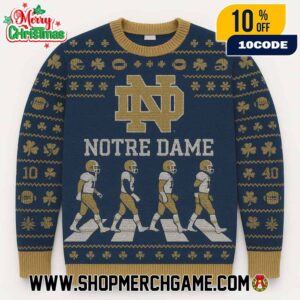 Notre Dame Fighting Irish NCAA Abbey Road Football Players Ugly Christmas Sweater With ND Logo Shamrocks And Gold Navy Fair Isle Knitted Holiday Pullover