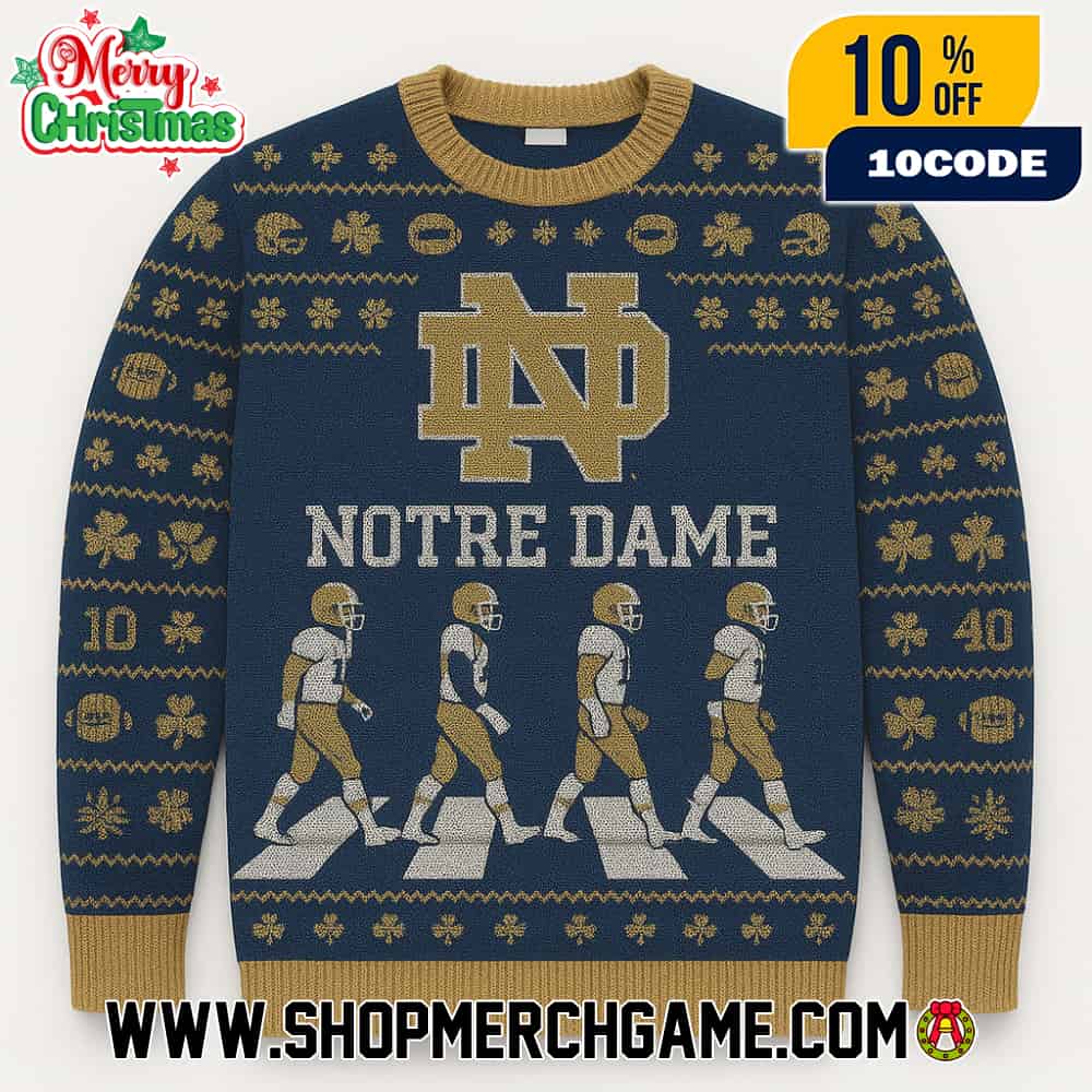 Notre Dame Fighting Irish NCAA Abbey Road Football Players Ugly Christmas Sweater With ND Logo Shamrocks And Gold Navy Fair Isle Knitted Holiday Pullover Notre Dame Fighting Irish NCAA Abbey Road Football Players Ugly Christmas Sweater With ND Logo Shamrocks And Gold Navy Fair Isle Knitted Holiday Pullover