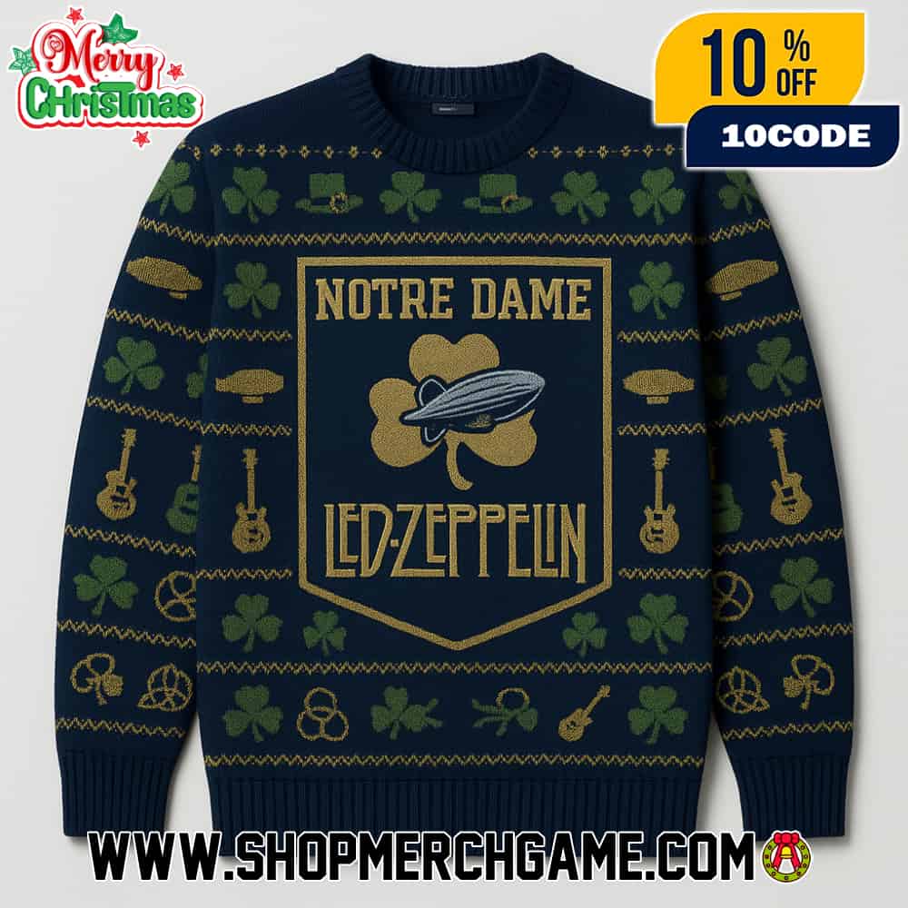 Notre Dame Fighting Irish NCAA x Led Zeppelin Knitted Sweater Irish Shamrock Rock Band Ugly Christmas Pullover Crewneck Notre Dame Fighting Irish NCAA x Led Zeppelin Knitted Sweater Irish Shamrock Rock Band Ugly Christmas Pullover Crewneck