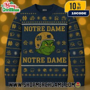 Notre Dame Fighting Irish x Grinch NCAA Football Ugly Christmas Sweater Navy Blue Gold Knit Pullover With Helmet ND Logo Shamrock Snowflakes Fair Isle Pattern College Sports Holiday Winter