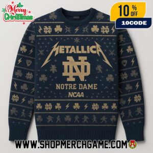 Notre Dame Fighting Irish x NCAA Ugly Sweater Metallica Metal Band Navy Gold Knit Holiday Pullover Christmas Graphic Apparel