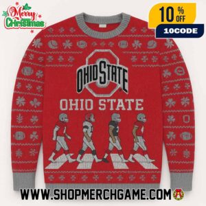 Ohio State Buckeyes NCAA Abbey Road Football Players Crossing Ugly Christmas Sweater With Block O Logo Scarlet Gray Fair Isle Knitted Holiday Pullover