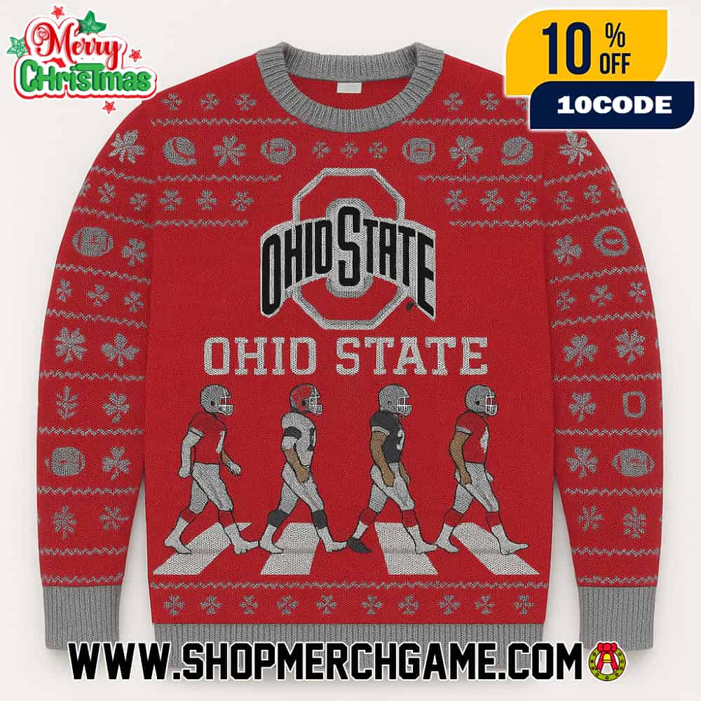 Ohio State Buckeyes NCAA Abbey Road Football Players Crossing Ugly Christmas Sweater With Block O Logo Scarlet Gray Fair Isle Knitted Holiday Pullover Ohio State Buckeyes NCAA Abbey Road Football Players Crossing Ugly Christmas Sweater With Block O Logo Scarlet Gray Fair Isle Knitted Holiday Pullover