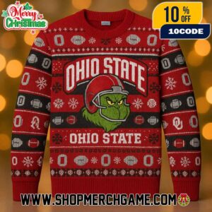 Ohio State Buckeyes x Grinch NCAA Football Ugly Christmas Sweater Red Black Knit Pullover With Helmet Block O Snowflakes Fair Isle Pattern College Sports Holiday Winter Jumper