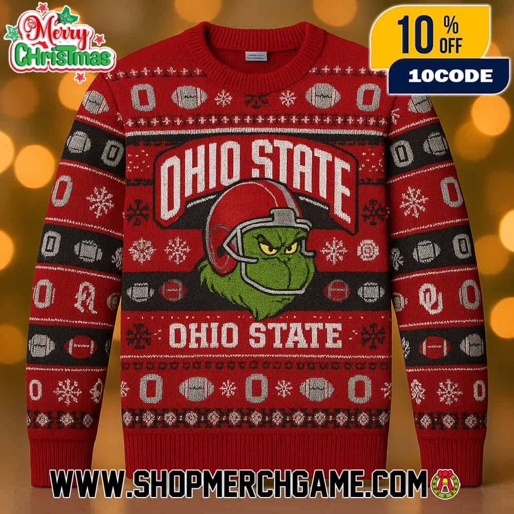 Ohio State Buckeyes x Grinch NCAA Football Ugly Christmas Sweater Red Black Knit Pullover With Helmet Block O Snowflakes Fair Isle Pattern College Sports Holiday Winter Jumper Ohio State Buckeyes x Grinch NCAA Football Ugly Christmas Sweater Red Black Knit Pullover With Helmet Block O Snowflakes Fair Isle Pattern College Sports Holiday Winter Jumper