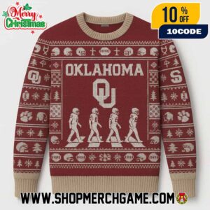 Oklahoma Sooners NCAA Abbey Road Football Players Crossing Ugly Christmas Sweater With OU Logo Crimson Cream Fair Isle Knitted Holiday Pullover