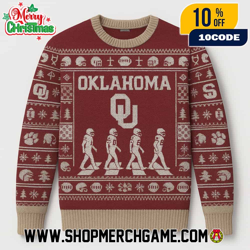 Oklahoma Sooners NCAA Abbey Road Football Players Crossing Ugly Christmas Sweater With OU Logo Crimson Cream Fair Isle Knitted Holiday Pullover Oklahoma Sooners NCAA Abbey Road Football Players Crossing Ugly Christmas Sweater With OU Logo Crimson Cream Fair Isle Knitted Holiday Pullover