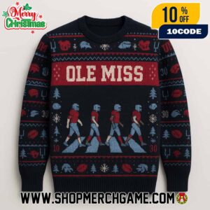 Ole Miss Rebels NCAA Abbey Road Parody Holiday Knitted Sweater With Football Helmets Navy Blue And Red Ugly Christmas Sweater For College Fans