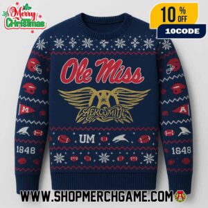 Ole Miss Rebels x Aerosmith Ugly Christmas Sweater For Men Women Knitted Pullover Crewneck Holiday Festive Sweater