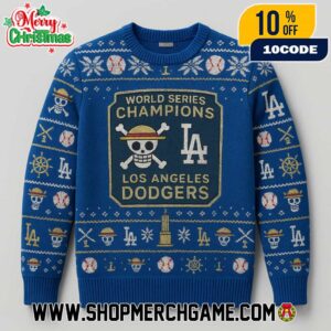 One Piece Luffy x LA Dodgers World Series 2025 Champions Ugly Sweater Baseball Trophy Skull Crossbones Royal Blue Knit Snowflake Holiday Crew Neck Pullover Christmas