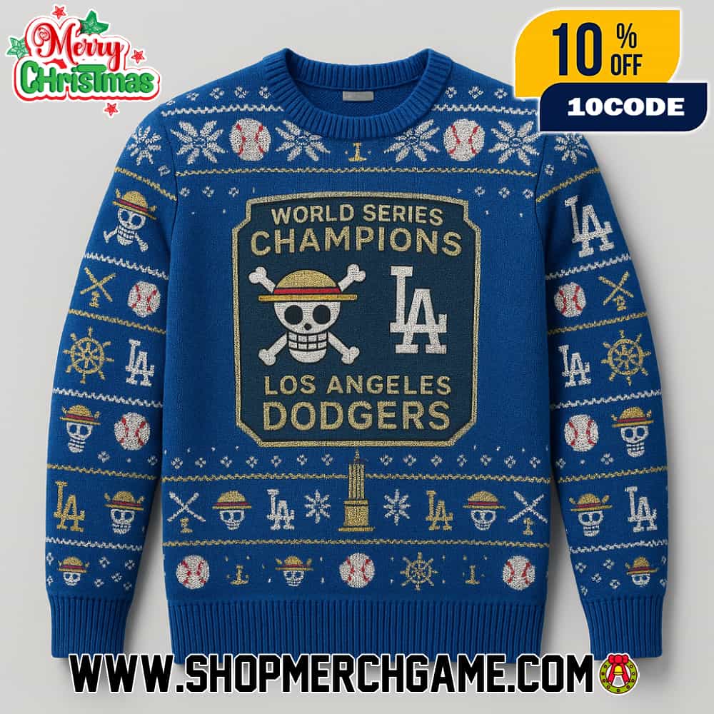 One Piece Luffy x LA Dodgers World Series 2025 Champions Ugly Sweater Baseball Trophy Skull Crossbones Royal Blue Knit Snowflake Holiday Crew Neck Pullover Christmas One Piece Luffy x LA Dodgers World Series 2025 Champions Ugly Sweater Baseball Trophy Skull Crossbones Royal Blue Knit Snowflake Holiday Crew Neck Pullover Christmas