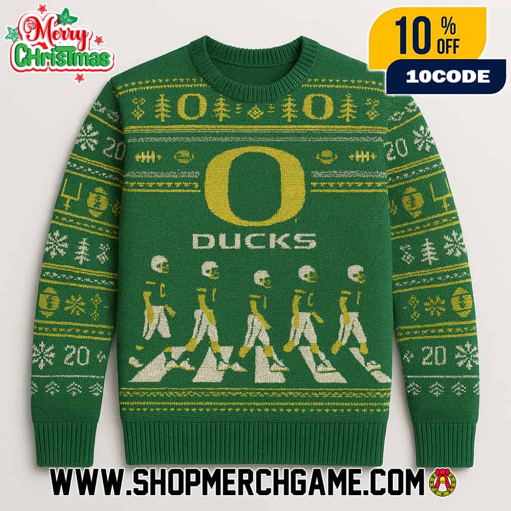 Oregon Ducks NCAA Abbey Road Football Players Crossing Ugly Christmas Sweater With O Logo Green Yellow Fair Isle Knitted Holiday Pullover Oregon Ducks NCAA Abbey Road Football Players Crossing Ugly Christmas Sweater With O Logo Green Yellow Fair Isle Knitted Holiday Pullover
