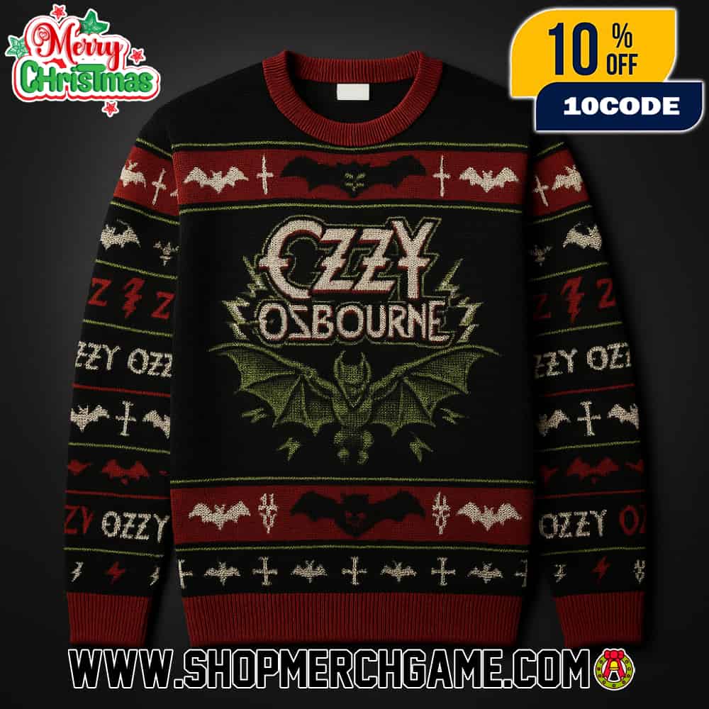 Ozzy Osbourne Ugly Sweater With Bat Cross Design Black Red Knit Holiday Pullover Christmas Heavy Metal Band Apparel Unisex Ozzy Osbourne Ugly Sweater With Bat Cross Design Black Red Knit Holiday Pullover Christmas Heavy Metal Band Apparel Unisex