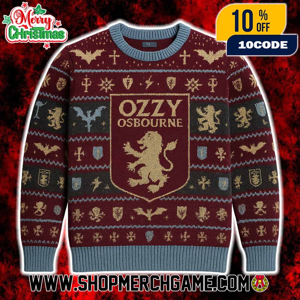 Ozzy Osbourne x Aston Villa Ugly Christmas Sweater Maroon Gold Knit Heavy Metal Football Holiday Crewneck Pullover Ozzy Osbourne x Aston Villa Ugly Christmas Sweater Maroon Gold Knit Heavy Metal Football Holiday Crewneck Pullover