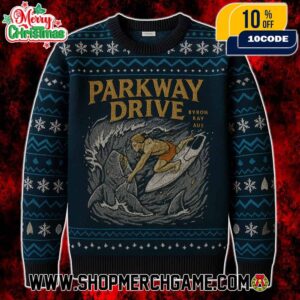 Parkway Drive Byron Bay Ugly Christmas Sweater With Shark Surfer Wave Design Metalcore Band Knitted Pullover Holiday Gift