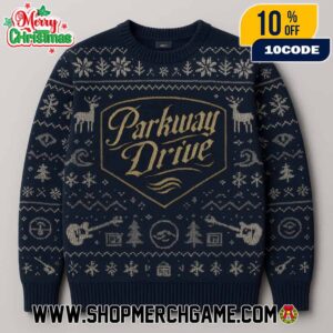 Parkway Drive Ugly Christmas Sweater Navy Blue Knitted Pullover Metalcore Band Holiday Jumper With Reindeer Guitar Winter Festive Apparel