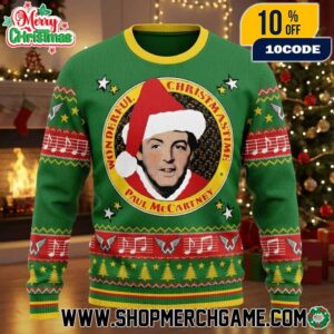 Paul McCartney Wonderful Christmastime Ugly Christmas Sweater Green Red Yellow Knitted Holiday Pullover Music Notes Santa Hat Beatles Fans Festive Winter Gift
