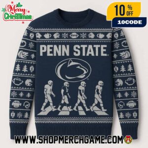 Penn State Nittany Lions NCAA Abbey Road Football Players Crossing Ugly Christmas Sweater With Nittany Lion Logo Navy White Fair Isle Knitted Holiday Pullover