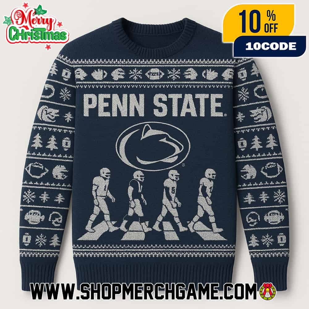 Penn State Nittany Lions NCAA Abbey Road Football Players Crossing Ugly Christmas Sweater With Nittany Lion Logo Navy White Fair Isle Knitted Holiday Pullover Penn State Nittany Lions NCAA Abbey Road Football Players Crossing Ugly Christmas Sweater With Nittany Lion Logo Navy White Fair Isle Knitted Holiday Pullover
