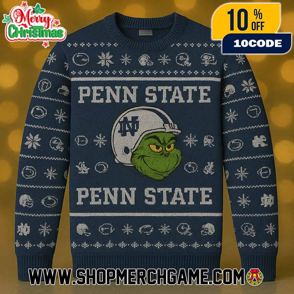 Penn State Nittany Lions x Grinch NCAA Football Ugly Christmas Sweater Navy Blue Knit Pullover With Helmet Nittany Lion Logo Snowflakes Fair Isle Pattern College Sports Holiday Winter Penn State Nittany Lions x Grinch NCAA Football Ugly Christmas Sweater Navy Blue Knit Pullover With Helmet Nittany Lion Logo Snowflakes Fair Isle Pattern College Sports Holiday Winter