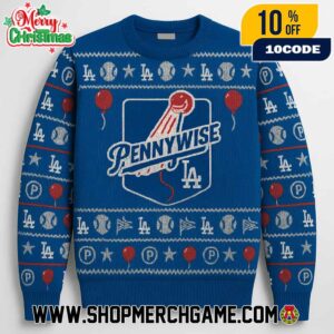 Pennywise x Los Angeles Dodgers Ugly Christmas Sweater Unisex Jacquard Knit Crewneck Fair Isle Blue Holiday Gift