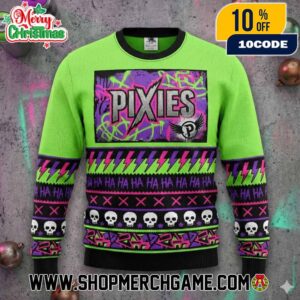 Pixies Band Ugly Christmas Sweater Neon Green Purple Knit Pullover With Graffiti Street Art Skulls Lightning Bolts Fair Isle Pattern Alternative Rock Indie Holiday Winter Jumper