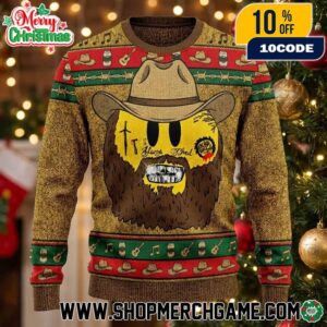 Post Malone Always Tired Cowboy Emoji Ugly Christmas Sweater Western Country Music Knit Holiday Pullover With Beard Face Beer Can Guitar And Music Note Pattern