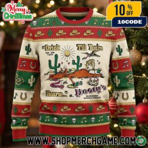Post Malone Drink Till Youre Hoarse Postys Nashville Ugly Christmas Sweater 305 Broadway Bar Themed Knit Holiday Pullover With Cowboy Hats Cactus Skulls And Western Music Notes