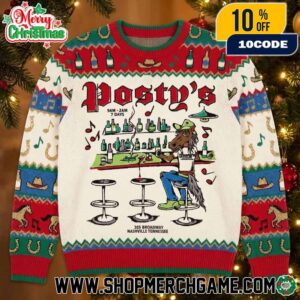 Post Malone Postys Nashville Bar Ugly Christmas Sweater Horse Bartender Knit Holiday Pullover With Music Notes Bottles And Horseshoe Pattern