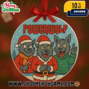 Powerwolf Christmas Ornament With Three Wolves Santa Hats Candy Cane Pine Trees Cartoon Style Heavy Metal Band Holiday Tree Decoration