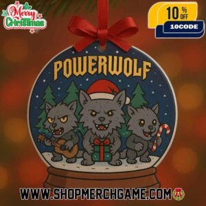 Powerwolf Snow Globe Christmas Ornament With Three Wolves Santa Hat Present Candy Cane Pine Trees Heavy Metal Band Holiday Decoration