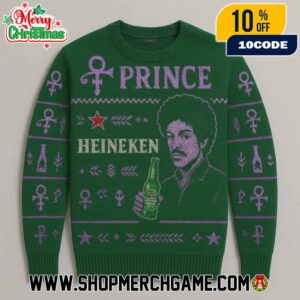 Prince Heineken Ugly Christmas Sweater With Love Symbol Portrait Purple Green Fair Isle Knitted Holiday Pullover