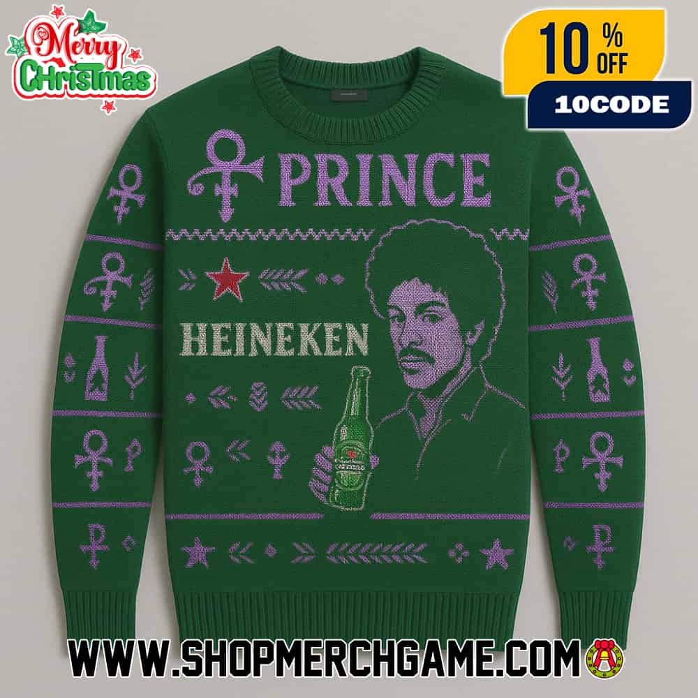 Prince Heineken Ugly Christmas Sweater With Love Symbol Portrait Purple Green Fair Isle Knitted Holiday Pullover Prince Heineken Ugly Christmas Sweater With Love Symbol Portrait Purple Green Fair Isle Knitted Holiday Pullover