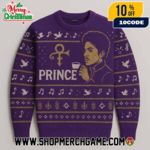 Prince Purple Rain Ugly Christmas Sweater With Love Symbol Portrait Gold Knitted Holiday Pullover