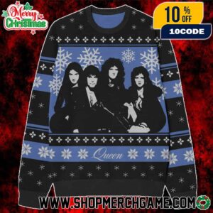 Queen Photo Holiday Woven Jumper Black Blue Ugly Christmas Sweater Band Members Snowflake Pattern Winter Collection Knitted Pullover Rock Music Fans Festive Gift