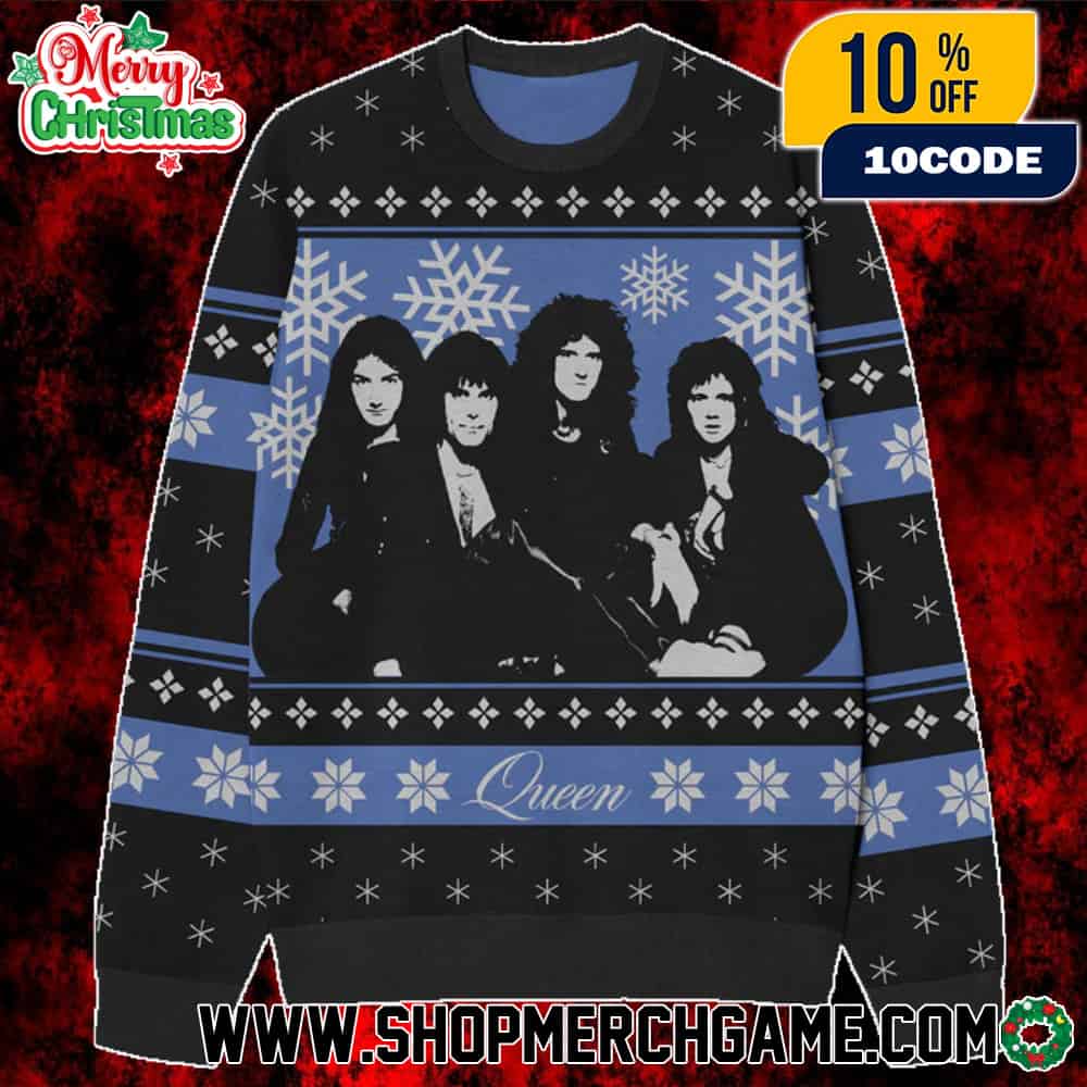 Queen Photo Holiday Woven Jumper Black Blue Ugly Christmas Sweater Band Members Snowflake Pattern Winter Collection Knitted Pullover Rock Music Fans Festive Gift Queen Photo Holiday Woven Jumper Black Blue Ugly Christmas Sweater Band Members Snowflake Pattern Winter Collection Knitted Pullover Rock Music Fans Festive Gift