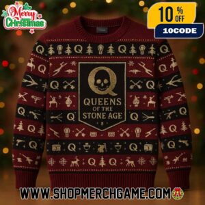 Queens Of The Stone Age Ugly Christmas Sweater Knitted Pullover QOTSA Band Logo Holiday Jumper With Snowflakes Reindeer And Skull Design Winter Festive Apparel