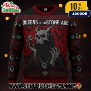 Queens Of The Stone Age Ugly Christmas Sweater QOTSA Knitted Pullover With Devil Horned Skull Design Holiday Jumper Rock Band Merchandise Winter Festive Apparel