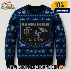 Rammstein x Air Force Academy Falcons NCAA Ugly Sweater Blue Black Knit Holiday Pullover Christmas Graphic Apparel Metal Band Unisex