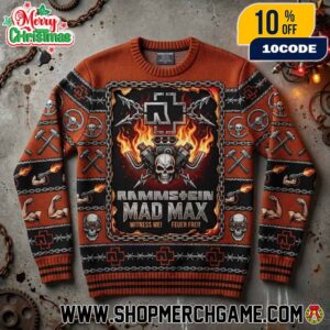 Rammstein x Mad Max Witness Me Ugly Christmas Sweater Fire Skull Holiday Knit Pullover Chain Flames Gift For Heavy Metal And Movie Fans