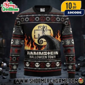 Rammstein x Nightmare Before Christmas Ugly Sweater Halloween Town Jack Skellington Knit Pullover Fire Snowflake Gift For Metalhead And Movie Fans