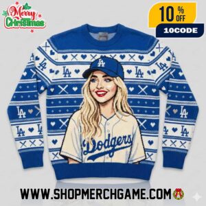 Sabrina Carpenter Dodgers Jersey Inspired Christmas Ugly Sweater LA Short N Sweet Tour 2025 Espresso Performance Blue White Knitted Holiday Crewneck MLB Baseball Fan