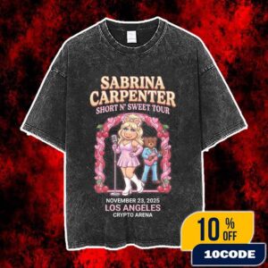 Sabrina Carpenter Short N’ Sweet Tour Los Angeles November 23 2025 Crypto Arena Concert Poster Miss Piggy Cosplay And Bobo The Bear Cherry Ribbon Vintage Washed Unisex T-Shirt