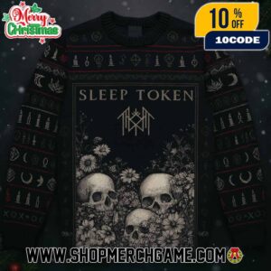 Sleep Token Ugly Christmas Sweater Skulls And Flowers Gothic Design Black Red Knitted Pattern Holiday Gift For Fans Music Lovers