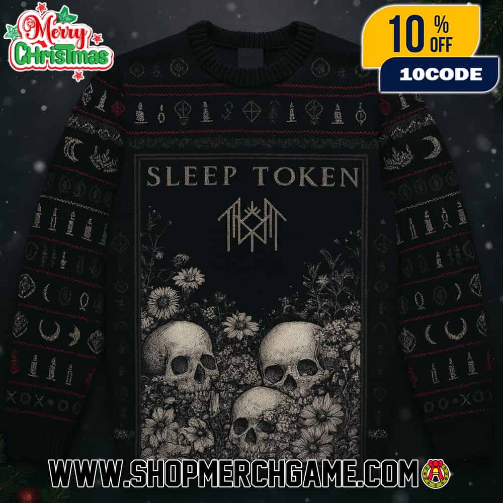Sleep Token Ugly Christmas Sweater Skulls And Flowers Gothic Design Black Red Knitted Pattern Holiday Gift For Fans Music Lovers Sleep Token Ugly Christmas Sweater Skulls And Flowers Gothic Design Black Red Knitted Pattern Holiday Gift For Fans Music Lovers