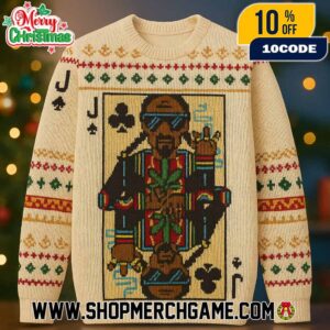 Snoop Dogg Jack Of Clubs Ugly Christmas Sweater Cream Knitted Pullover With Playing Card Character Design Cannabis Leaf Pattern Holiday Jumper Unisex Hip Hop Gift
