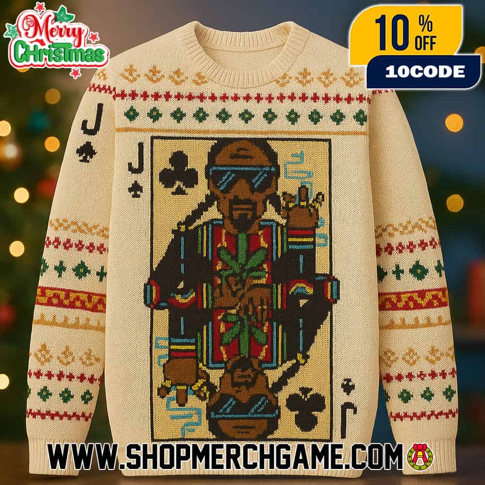 Snoop Dogg Jack Of Clubs Ugly Christmas Sweater Cream Knitted Pullover With Playing Card Character Design Cannabis Leaf Pattern Holiday Jumper Unisex Hip Hop Gift Snoop Dogg Jack Of Clubs Ugly Christmas Sweater Cream Knitted Pullover With Playing Card Character Design Cannabis Leaf Pattern Holiday Jumper Unisex Hip Hop Gift